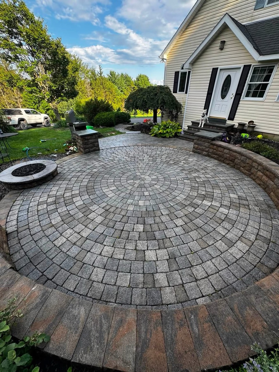 Circular paver patio after professional cleaning